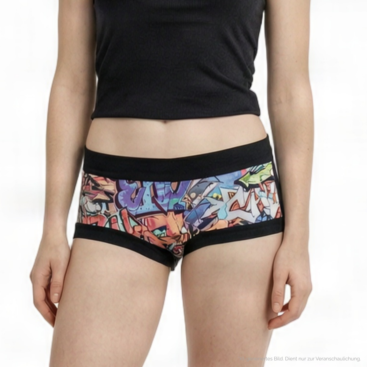 Schwarze Strasse. Graffitifarbe. Teenager. Menstruationsslips für Jugendliche, bequem, aus hochwertiger Baumwolle, ideal für den Sport. Model. Front.
